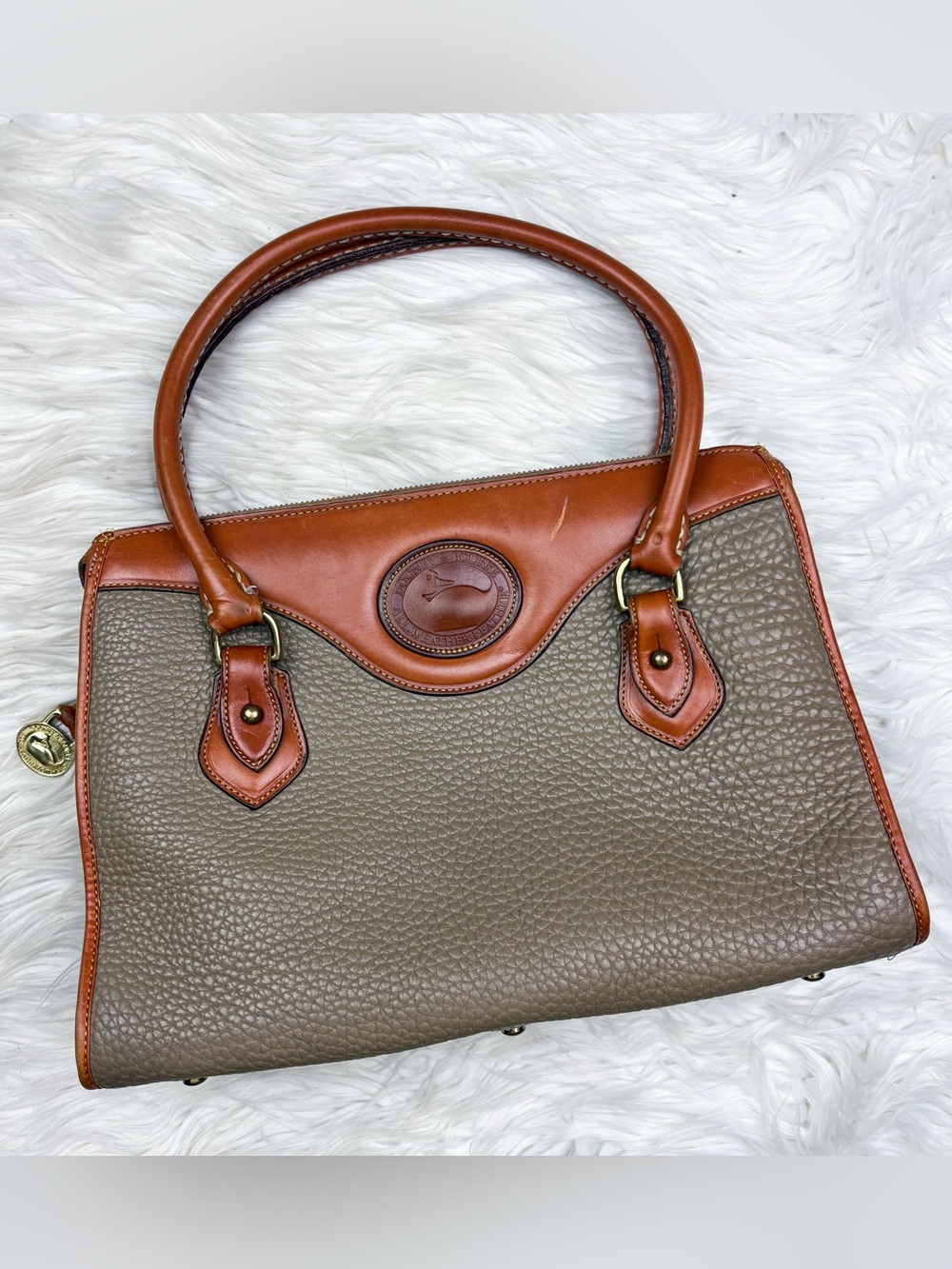 Dooney & Bourke Vintage Pebbled Leather All Weather Taupe Tan Duck Satchel Bag